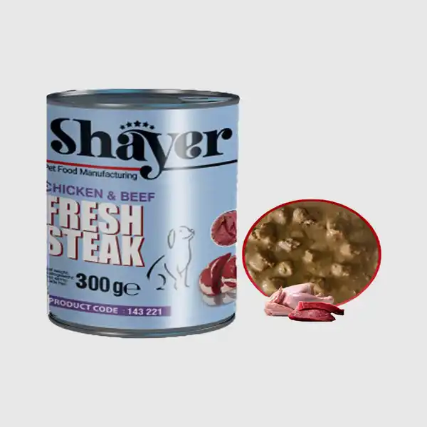 10 کنسرو غذای سگ استیک شایر با طعم گوشت و مرغ وزن 300 گرم shayer - تصویر 1