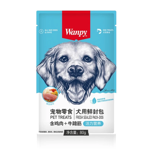 پوچ سگ ونپی با طعم مرغ و تاندون گاو Wanpy Chicken & Beef Tendon وزن ۸۰ گرم