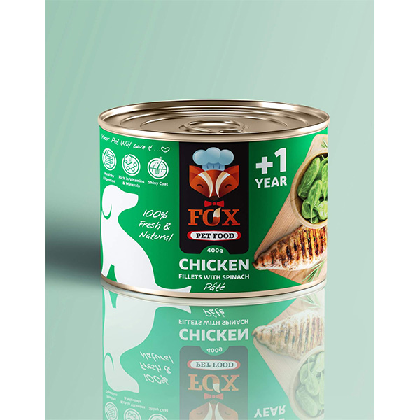 کنسرو فاکس foxسگ 500 گرمي مرغ و اسفناج