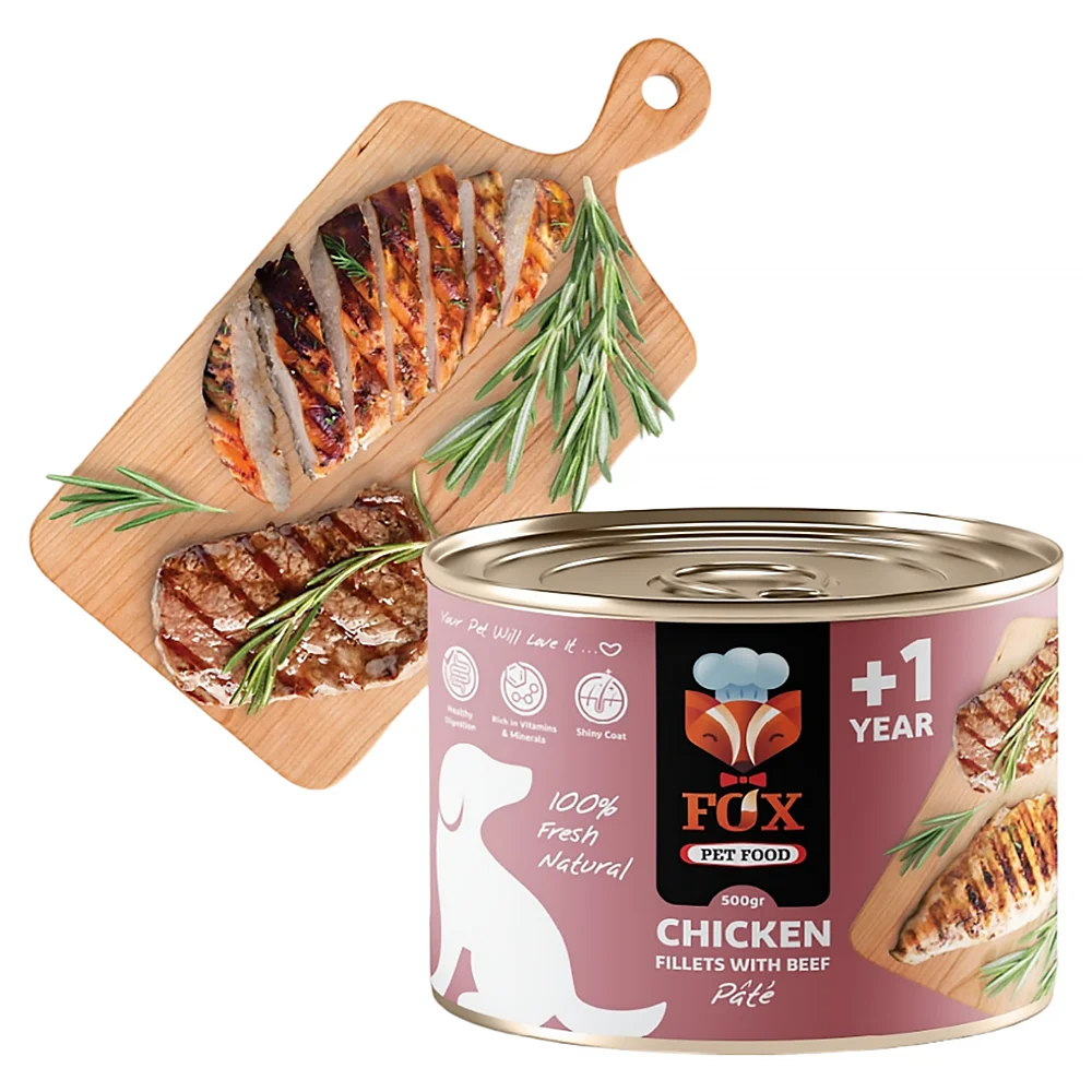 کنسرو سگ فاکس پته فیله مرغ و گوشت 500 گرم Fox Chicken Fillet And beef Pat