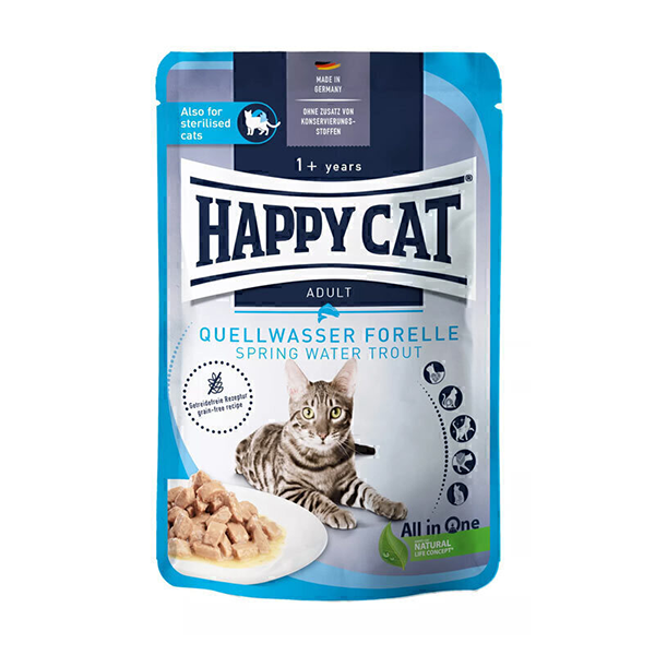 پوچ گربه با طعم ماهی قزل آلا هپی کت Happy Cat Culinary Spring Water Trout وزن 85 گرم