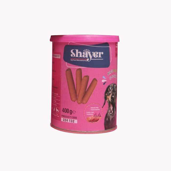 کنسرو سوسیس سگ شایر با طعم دودی در سس Shayer Smoky Sausage وزن 400 گرم