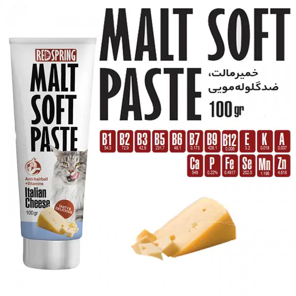 خمیر مالت، مخصوص گربه، طعم پنیر ایتالیایی، 100 گرمی، رد اسپرینگ Red Spring, Malt Soft Paste, Italian cheese flavour