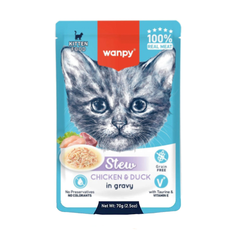 پوچ خورشتی بچه گربه ونپی با طعم مرغ و اردک سفارش اروپا wanpy kitten stew chicken & duck وزن 70 گرم