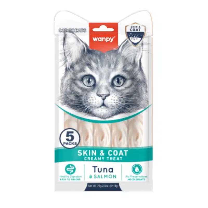 بستنی گربه ونپی حفظ سلامت پوست و مو با طعم ماهی تن و سالمون سفارش اروپا Wanpy Skin & Coat بسته 5 عددی