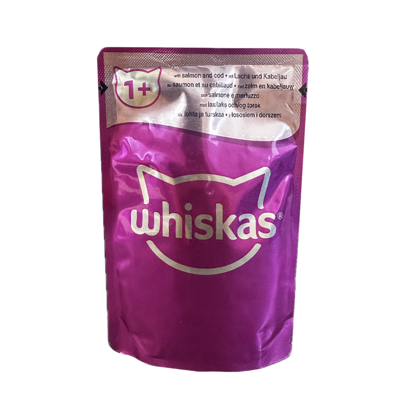 پوچ گربه ویسکاس با طعم ماهی سالمون و کاد Whiskas Cat Pouch With Salmon & Cod In Jelly وزن 85 گرم