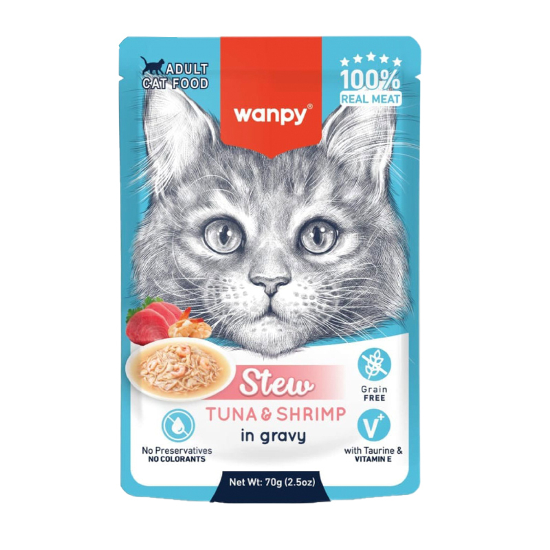 پوچ خورشتی گربه ونپی با طعم تن و میگو سفارش اروپا wanpy stew tuna & shrimp وزن 70 گرم