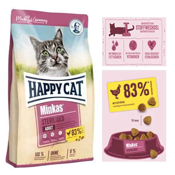 غذای خشک گربه عقیم شده هپی کت مینکاس مرغ Happy Cat Minkas Sterilised 10kg