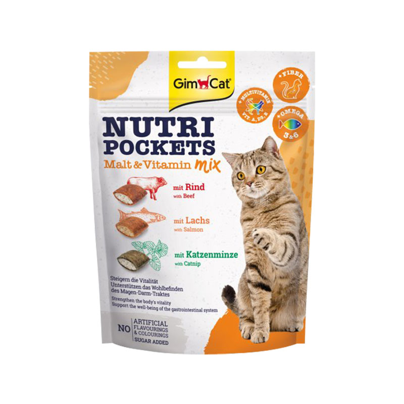 اسنک تشویقی نوتری ویتامین و مالت گربه جیم کت GimCat Nutri Pockets Multi Vitamin & Malt وزن 150 گرم