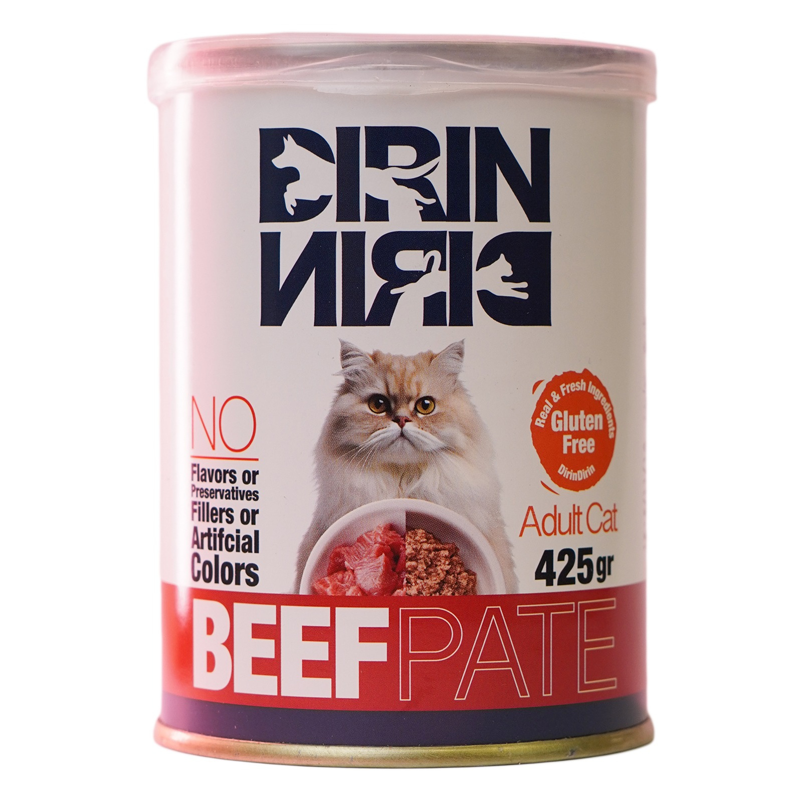 کنسرو گربه بالغ دیرین دیرین طعم گوشت مدل پته ای 425 گرم Drin Drin whit beef pate 425g
